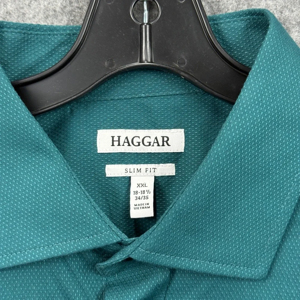 Haggar Premium Comfort Dress Shirt XXL 18-18.5 34/35 Slim Fit Dark Green Stretch
